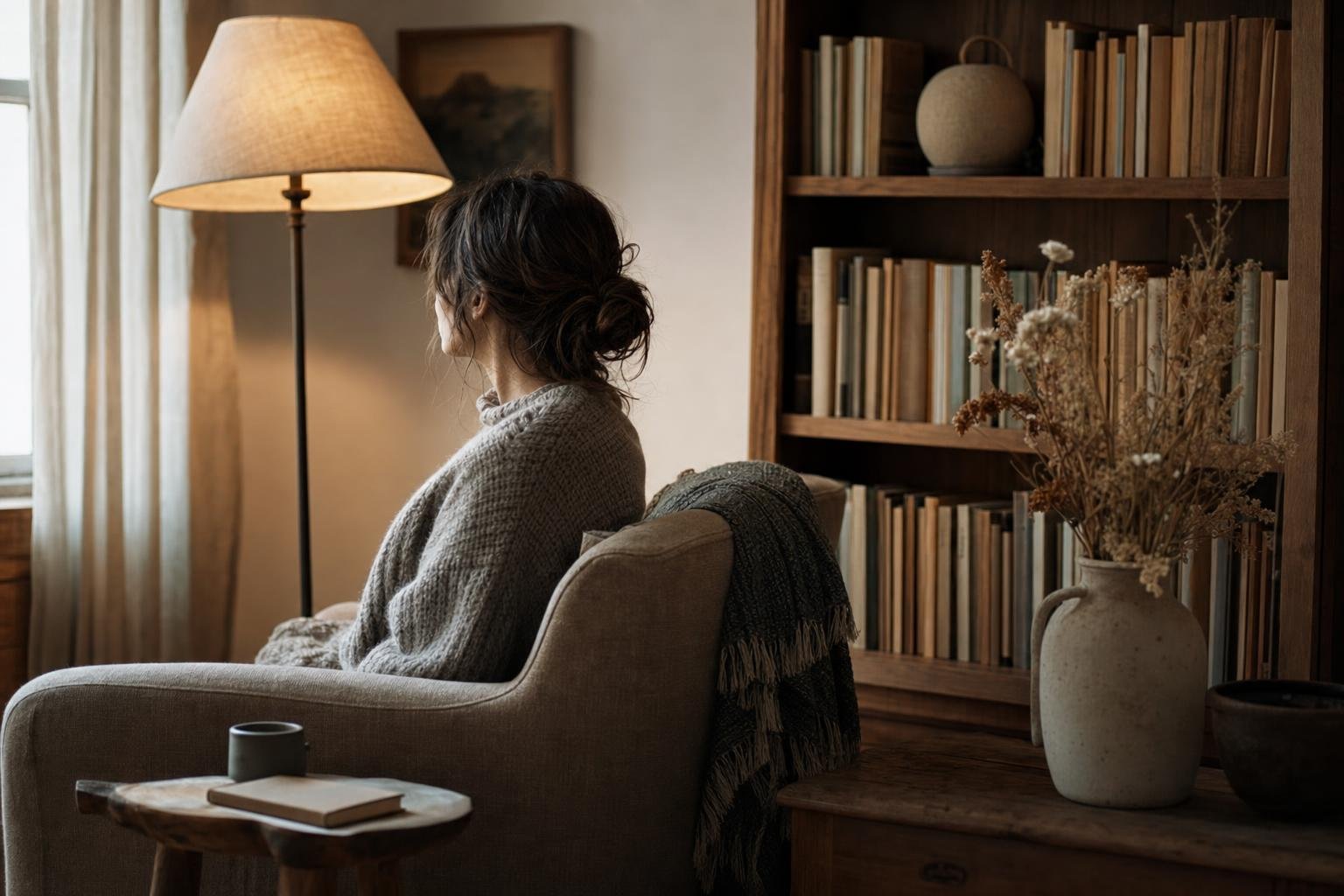 A reading corner with a shelf of books and soft lamplight