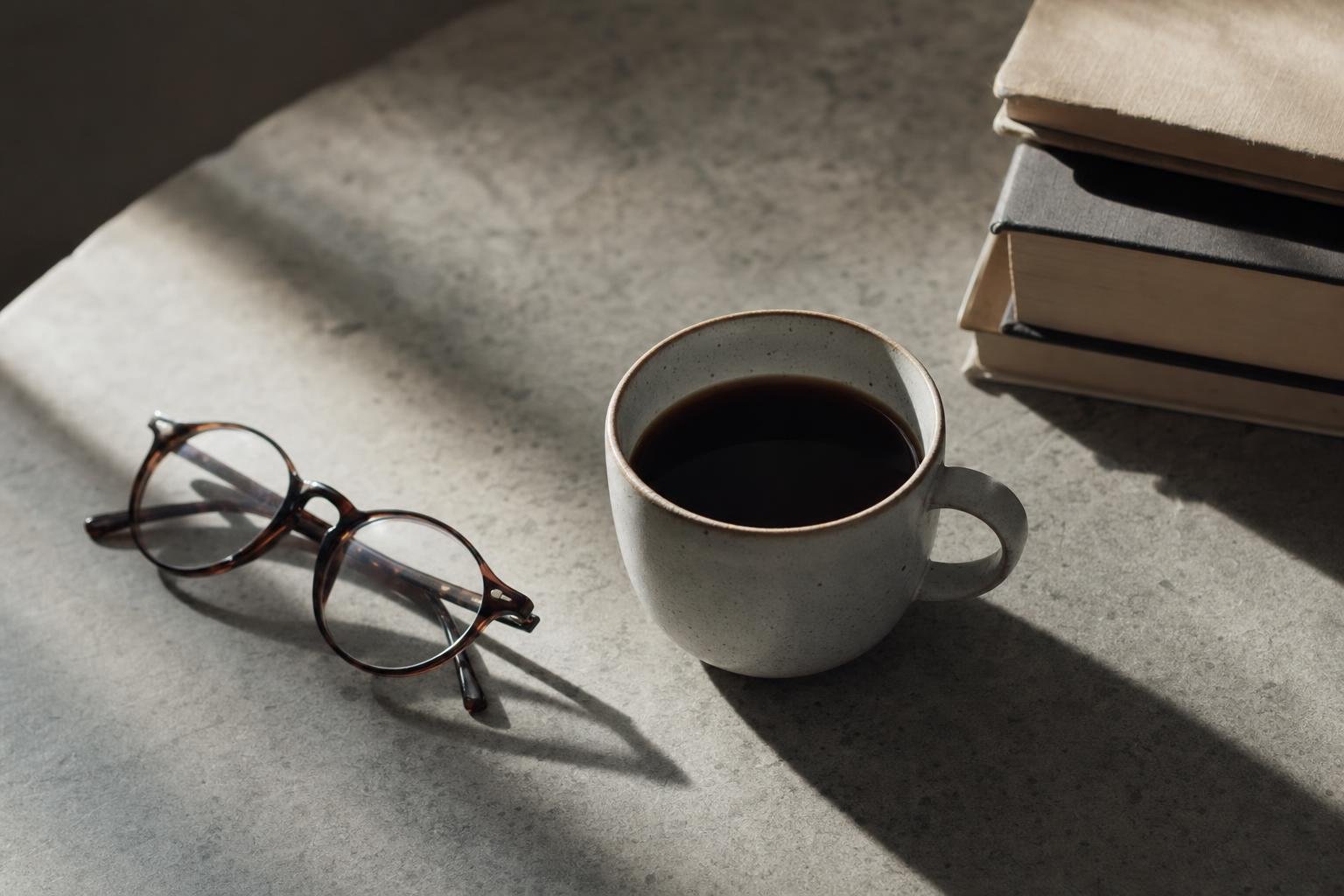 A cup of coffee beside an open notebook on a wooden desk